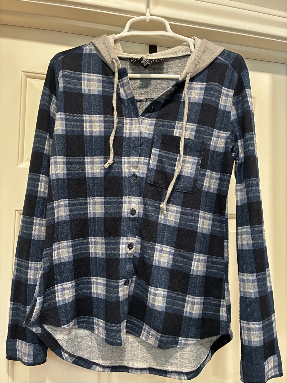 Girls' Blue Plaid Hooded Button-Up Shirt
